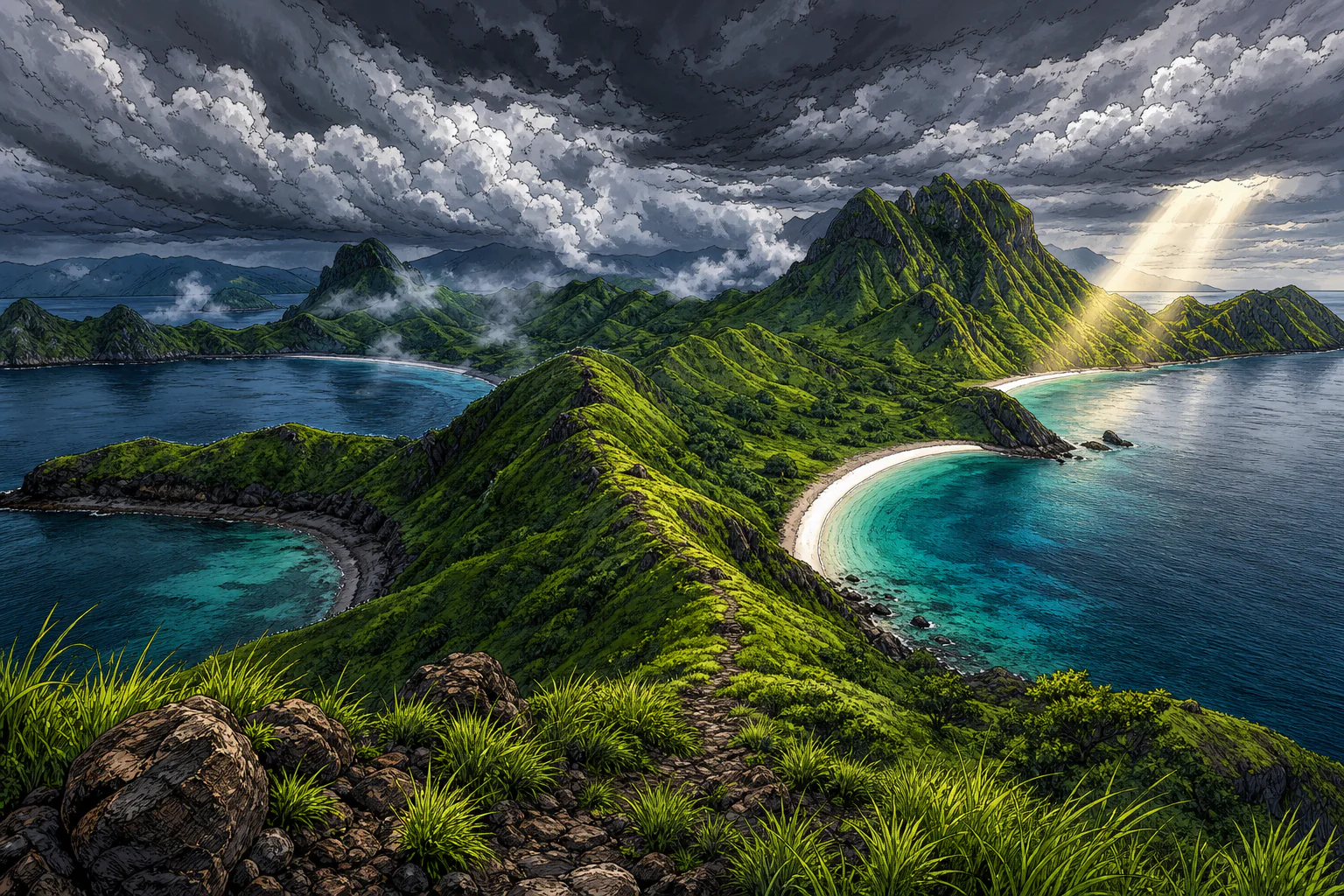 The ridgeline and three bays of Padar Island under monsoon cloud in January, the hills thick and green rather than the burnt gold of the dry season