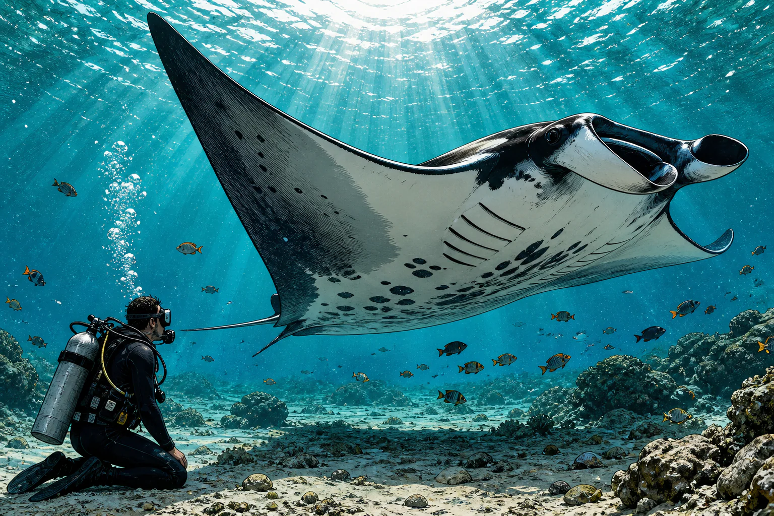 A reef manta ray gliding over the shallow rubble of Karang Makassar in plankton-rich January water, with a single diver watching from a distance below