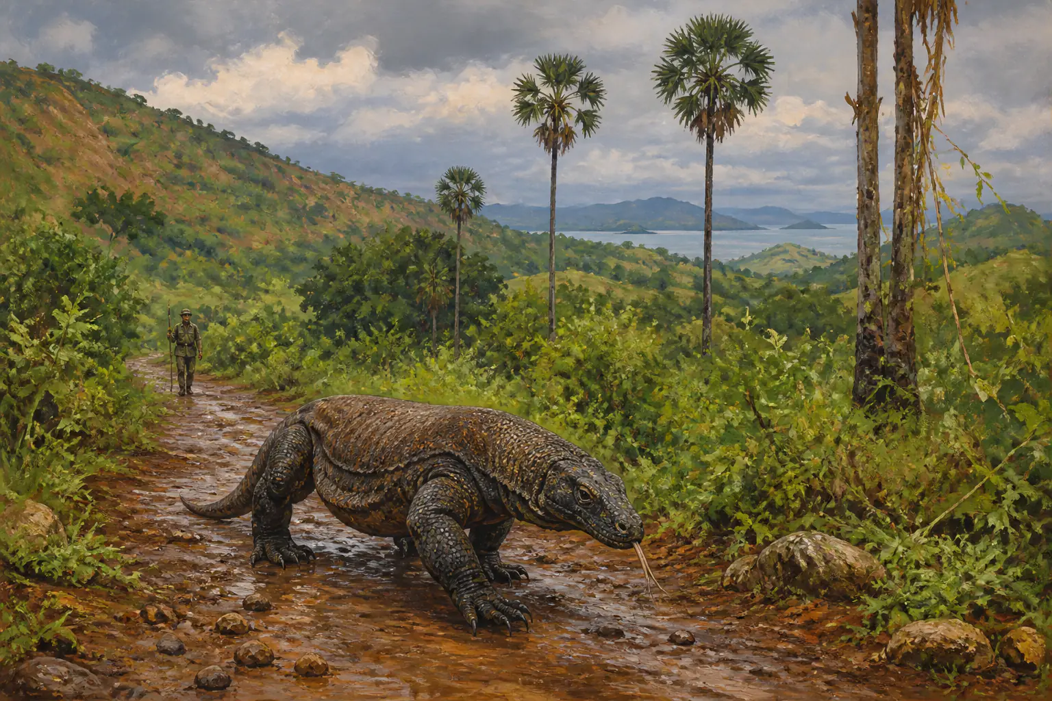 A Komodo dragon on a ranger-led trail in Komodo National Park in November, the surrounding scrub and hills green after early rains