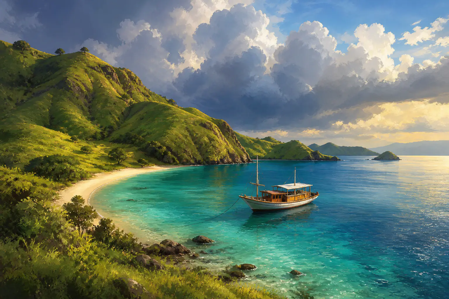 Komodo National Park in November, the hills turned green after early rains, with a wooden boat anchored in a calm turquoise bay under a sky of building afternoon cloud