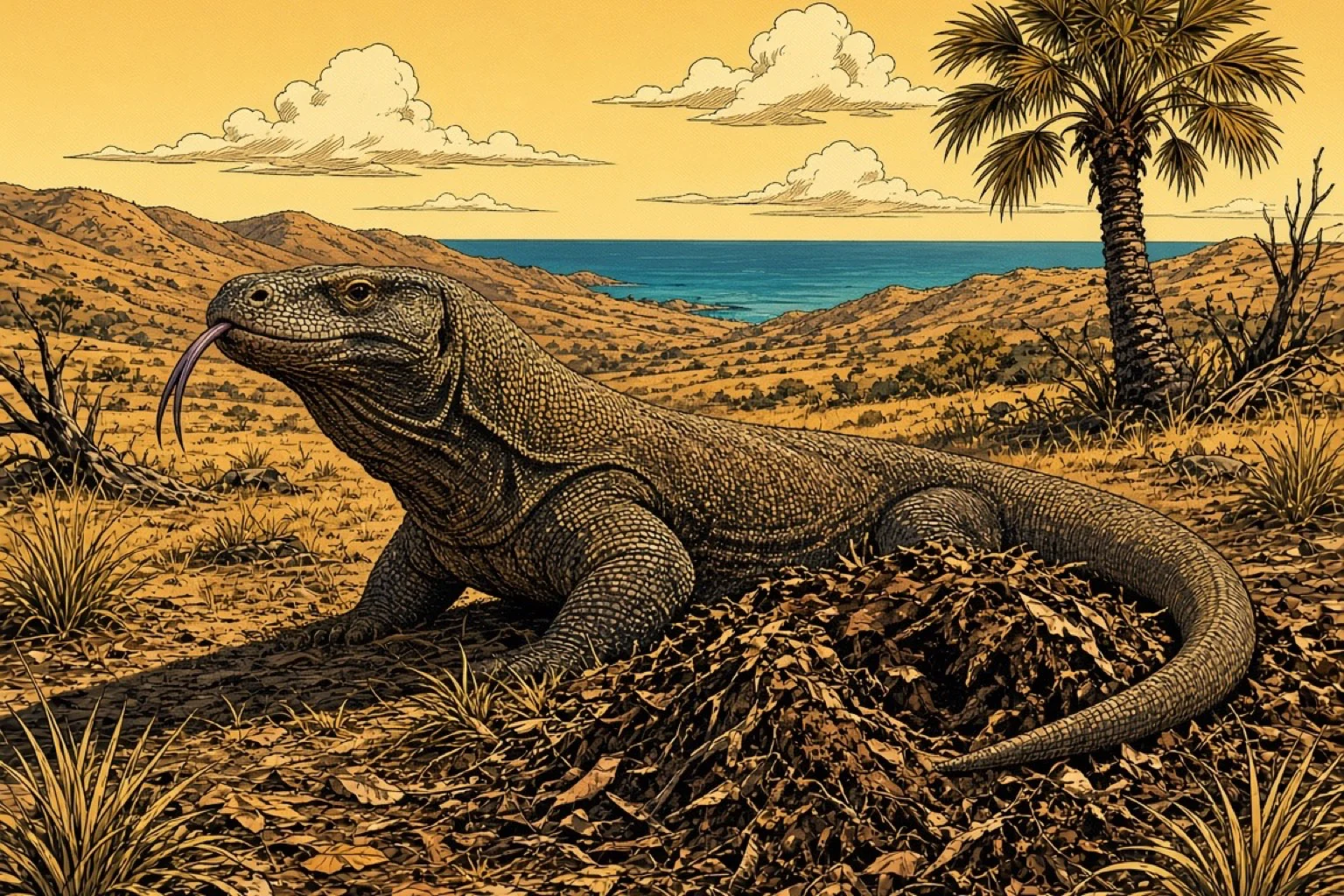 Graphic-novel illustration of a large female Komodo dragon lying alert beside a leaf-litter mound nest on parched golden dry-season savanna, tongue extended, with burnt gold hills and a strip of turquoise sea behind her