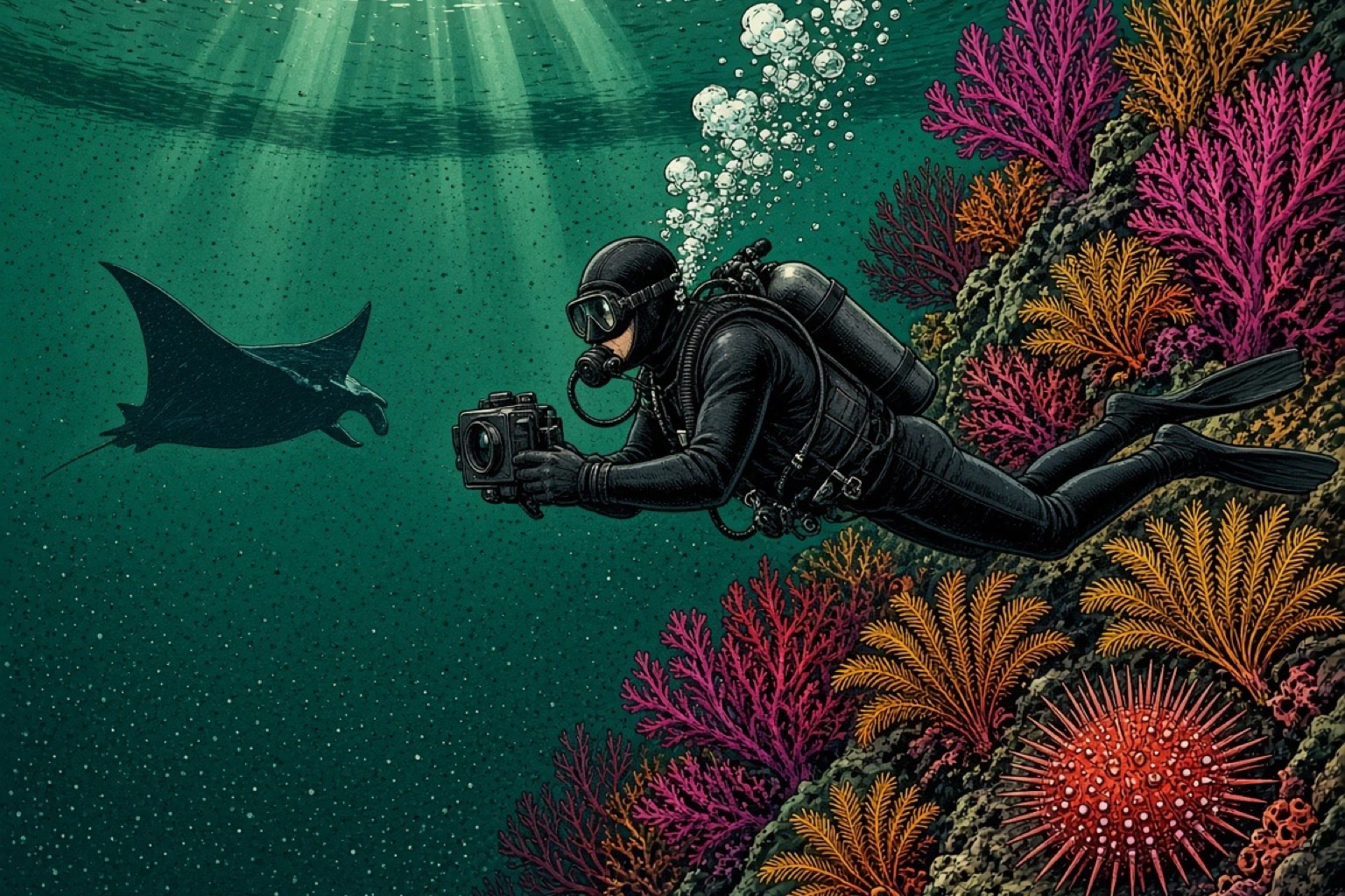 Graphic-novel illustration of a scuba diver in a thick hooded wetsuit hovering in trim beside a southern Komodo wall packed with magenta and orange soft corals, a thermocline banding the cold green water above and a reef manta ray gliding past in the distance