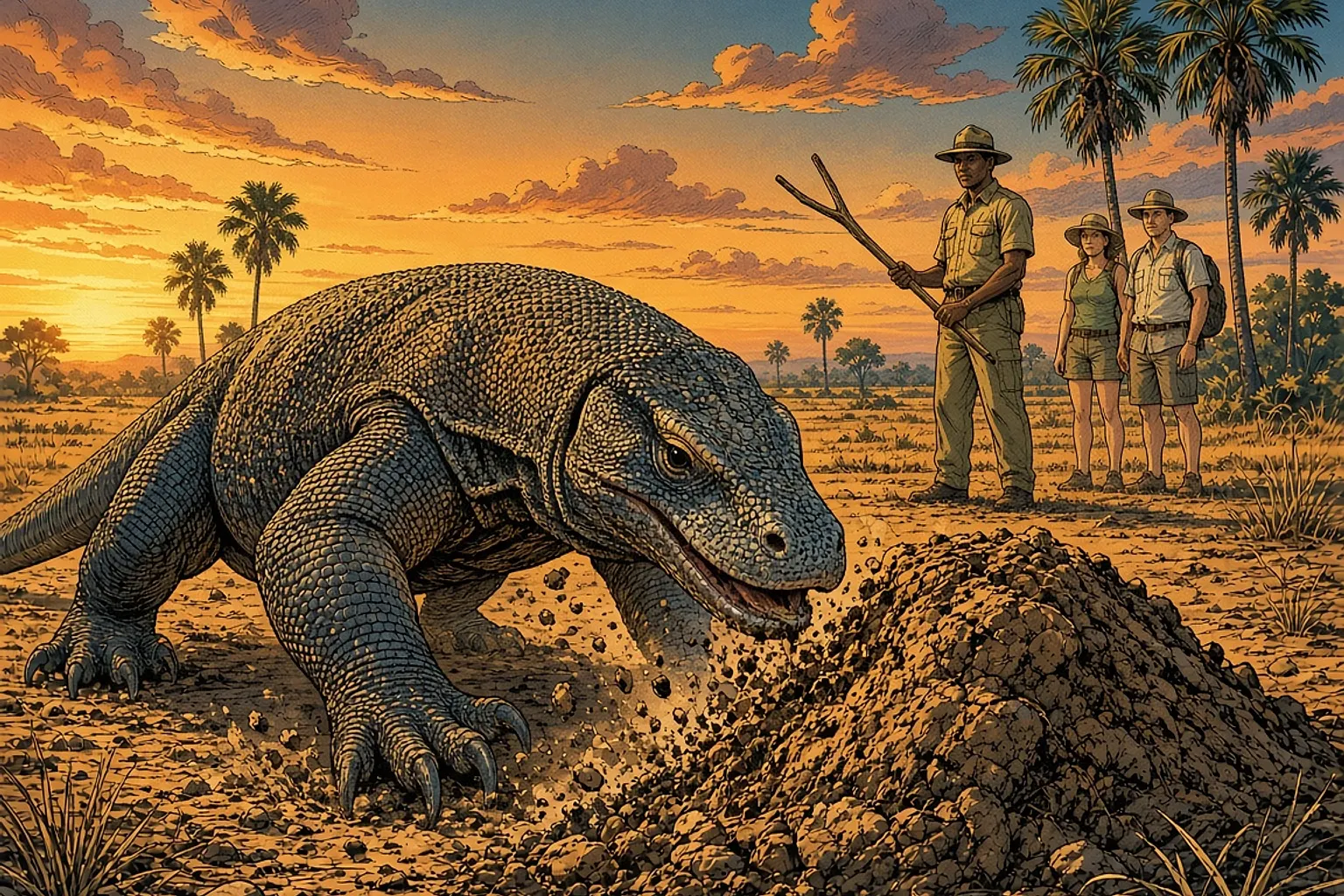 Ilustración de novela gráfica en la que aparece una hembra de dragón de Komodo cavando junto a un gran nido en forma de montículo de tierra, situado en una sabana seca y dorada, mientras un guardabosques, que sostiene un palo con dos puntas, observa desde la distancia.
