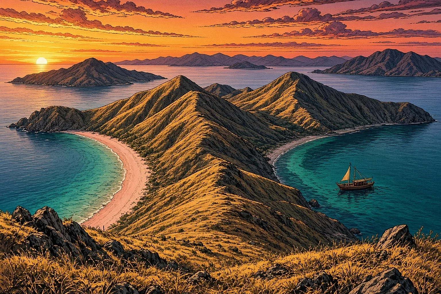 Ilustración de novela gráfica de las tres ensenadas de la isla de Padar al amanecer durante la estación seca, con la hierba dorada en las crestas, el agua turquesa y una embarcación de madera anclada más abajo