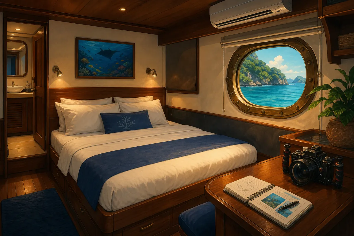 Interior of a comfortable liveaboard cabin with porthole window showing Komodo islands