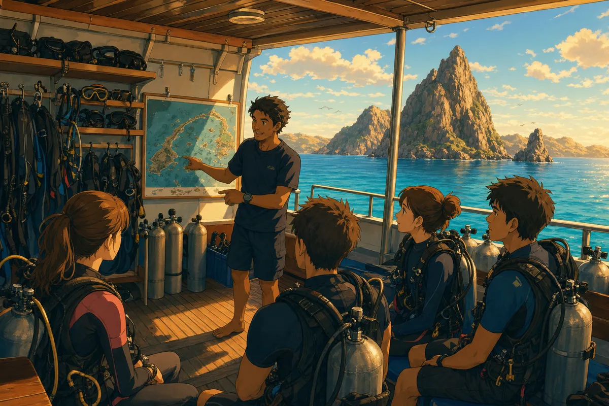 Dive guide briefing a group of divers on the dive deck of a Komodo liveaboard