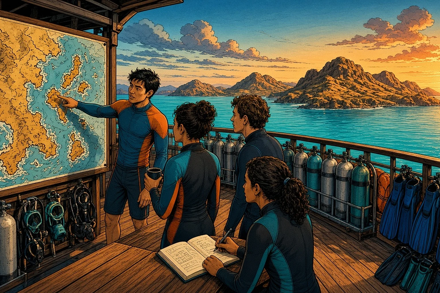 Un guide de plongée désigne une carte des îles de Komodo lors d'un briefing matinal sur le pont d'un bateau de croisière en bois ; des plongeurs en combinaison écoutent, tandis que l'un d'entre eux note quelque chose dans son carnet de plongée ; des bouteilles de plongée sont rangées le long du bastingage.