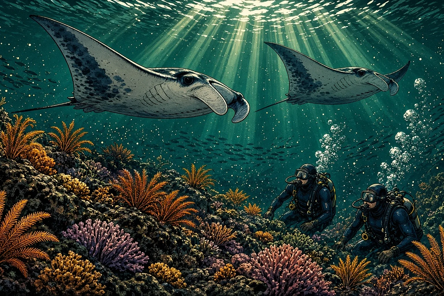 Deux raies manta glissant au-dessus d'un récif de coraux mous et d'étoiles de mer jaunes dans les eaux vertes et riches en plancton du sud de Komodo, sous le regard de deux plongeurs vêtus de combinaisons à capuche