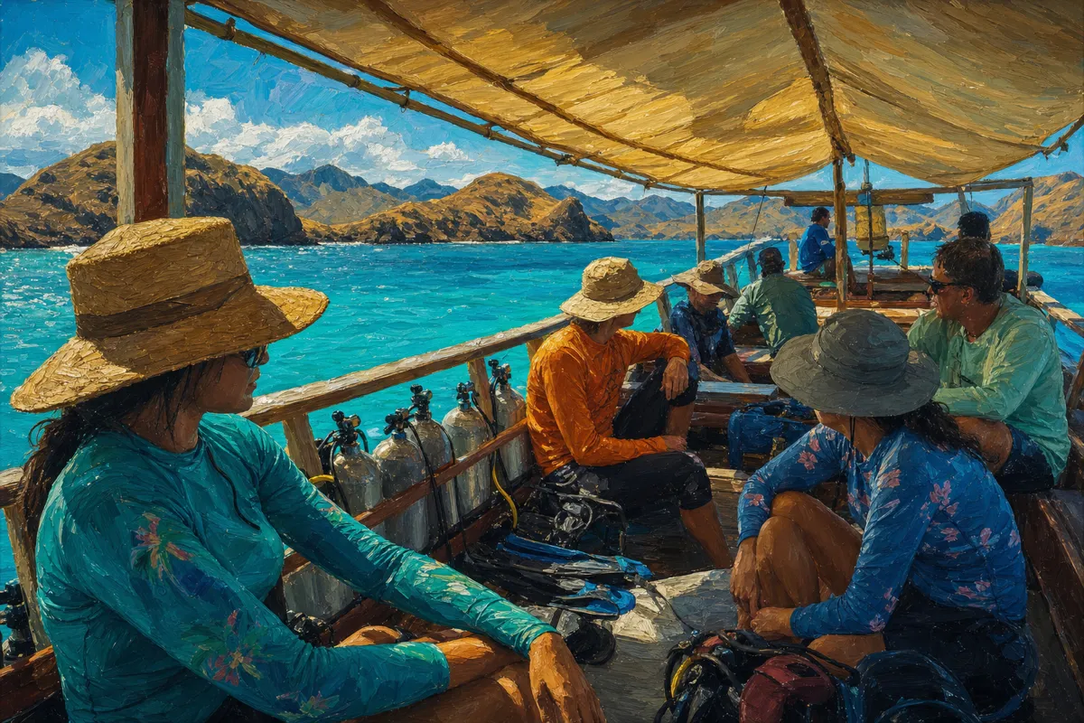 Divers in long-sleeved rash guards and sun hats resting in the shade of a canopy on a Komodo dive boat between dives