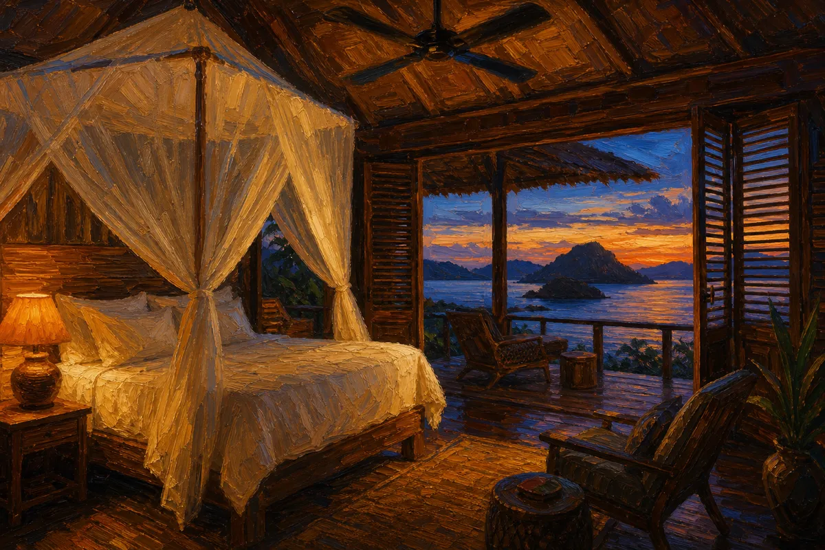 Mosquito net draped over a bed in a wooden island bungalow in Komodo, with shutters open to the sea at dusk