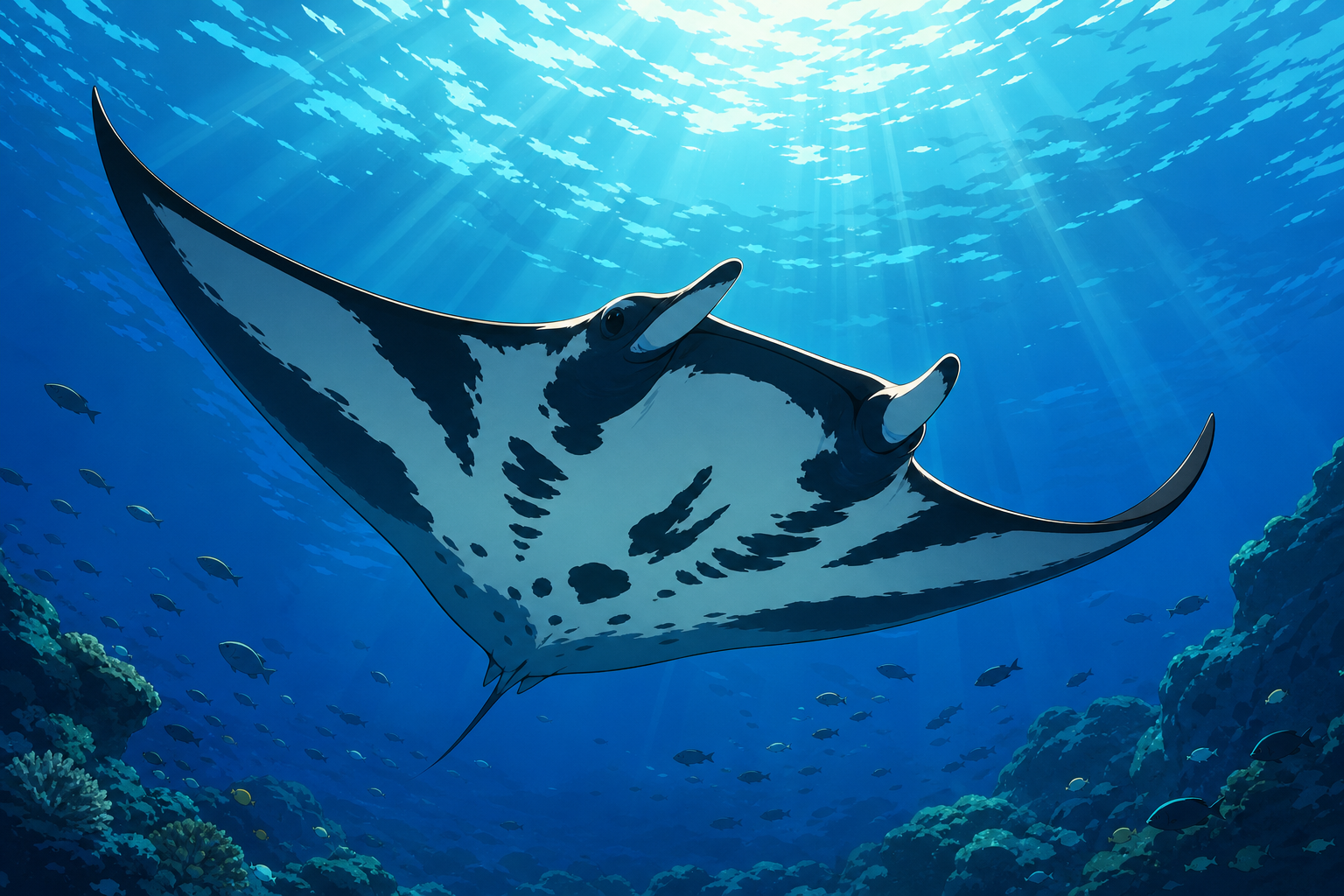 Manta ray swimming through blue water in Komodo National Park during wet season