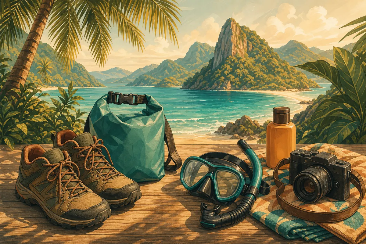 Travel gear flat lay with hiking shoes, dry bag, snorkel mask, sunscreen, and camera laid out for a Komodo Island trip