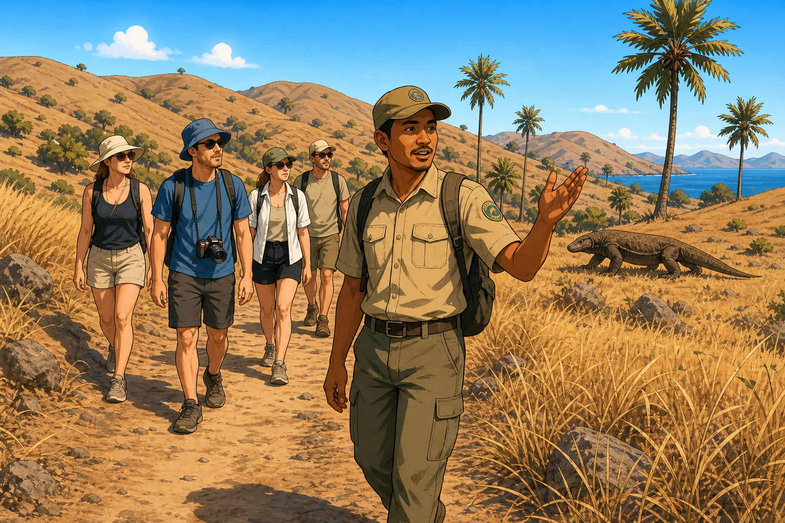 Park ranger leading a trekking group through Komodo Island with savanna landscape in the background