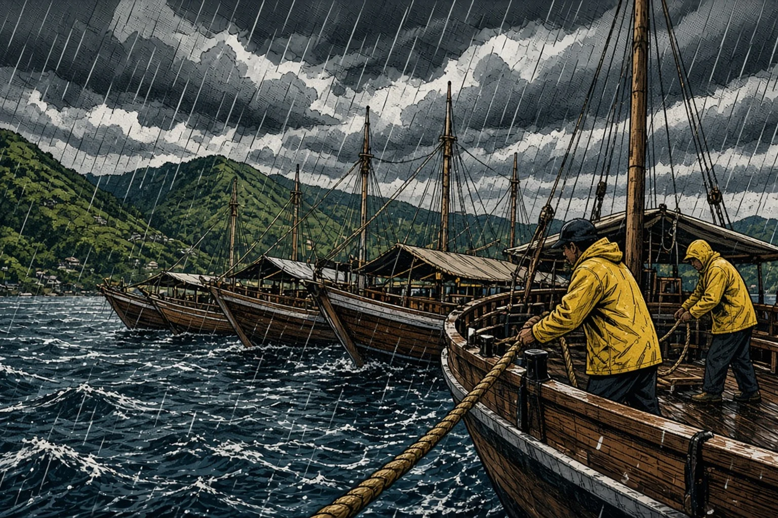 Ilustración de novela gráfica en la que se ven barcos turísticos de madera amarrados en el puerto de Labuan Bajo bajo densas nubes grises de monzón, con lluvia sobre el agua y la tripulación sujetando las amarras.