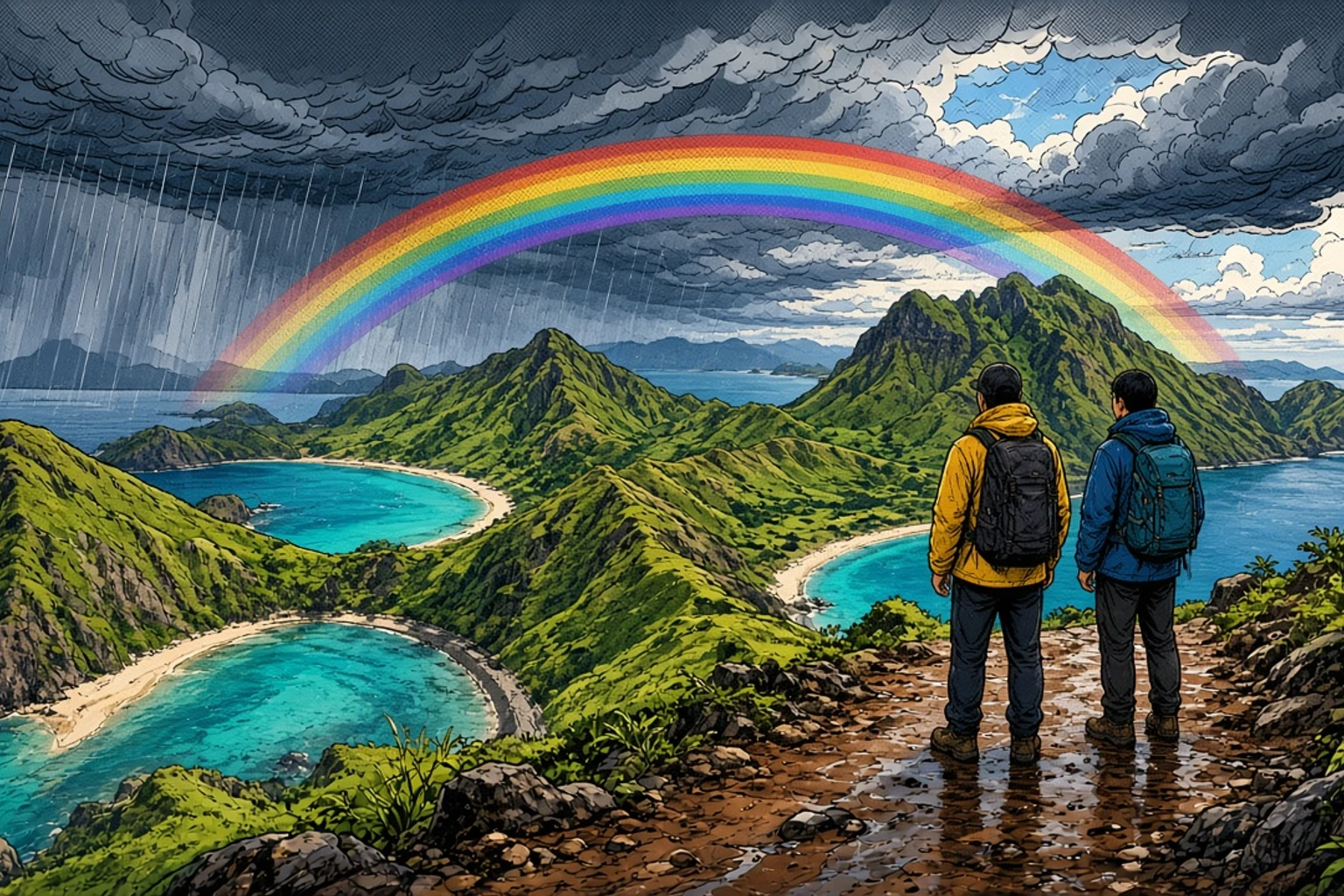 Ilustración de novela gráfica en la que se ven las tres bahías de la isla de Padar desde el mirador durante la temporada de lluvias: crestas de un verde exuberante, nubes oscuras que se disipan y un arcoíris sobre aguas turquesas.