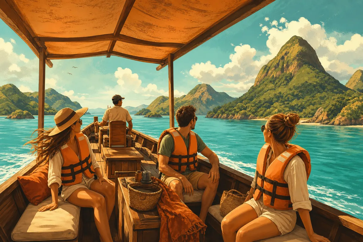 Tourists wearing life jackets on a boat in Komodo National Park with turquoise water and green islands