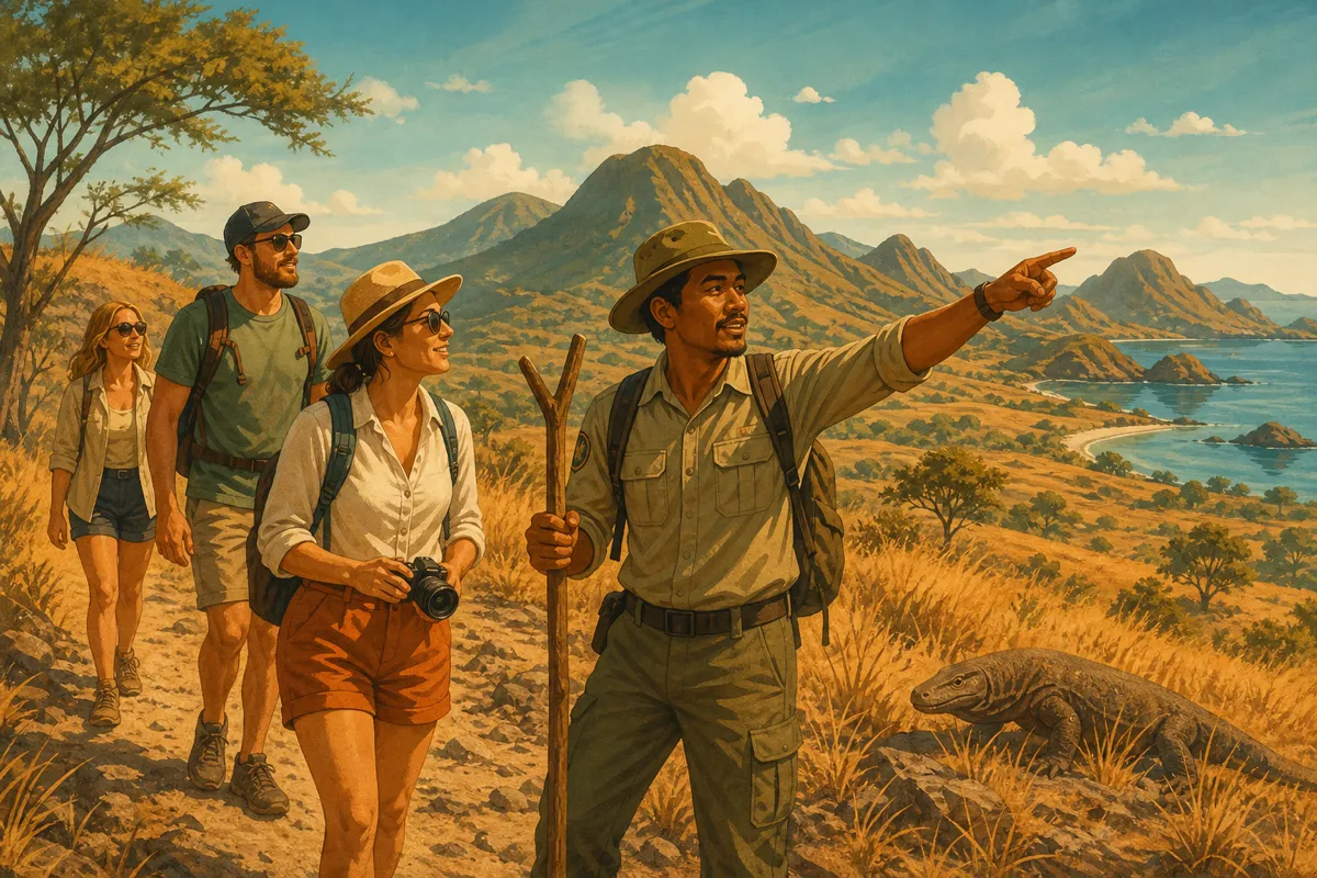 Park ranger guiding tourists on a safe Komodo dragon trek through Komodo National Park