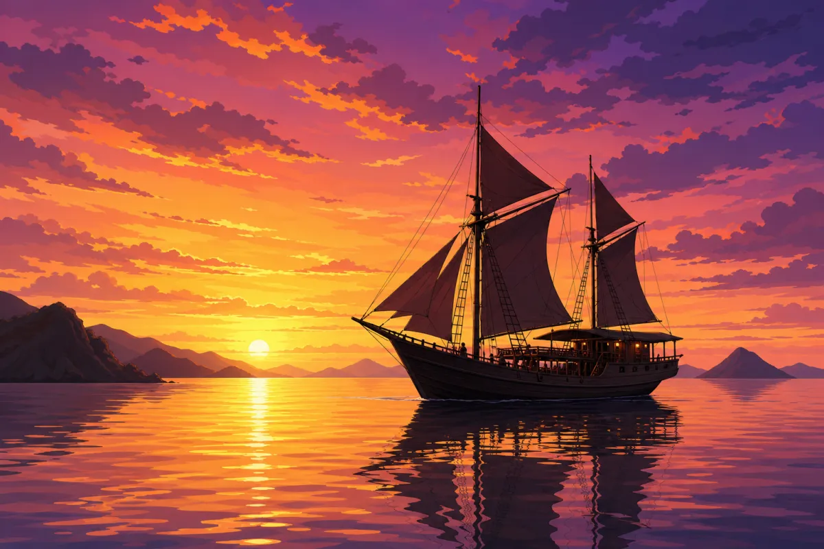 Traditional Phinisi sailing boat silhouetted against a golden sunset over calm water in Komodo