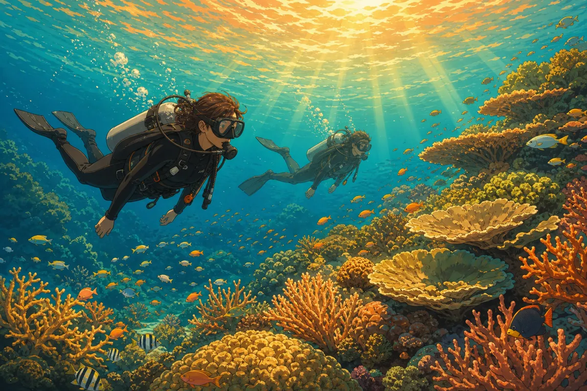 Buceadores explorando un vibrante arrecife de coral en el Parque Nacional de Komodo con peces tropicales y rayos de sol