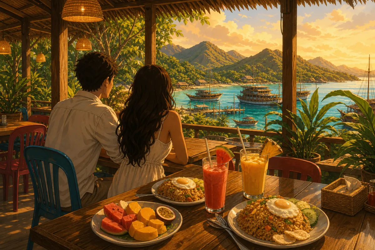 Warung indonesio local en Labuan Bajo sirviendo nasi goreng y zumos frescos con vistas al puerto