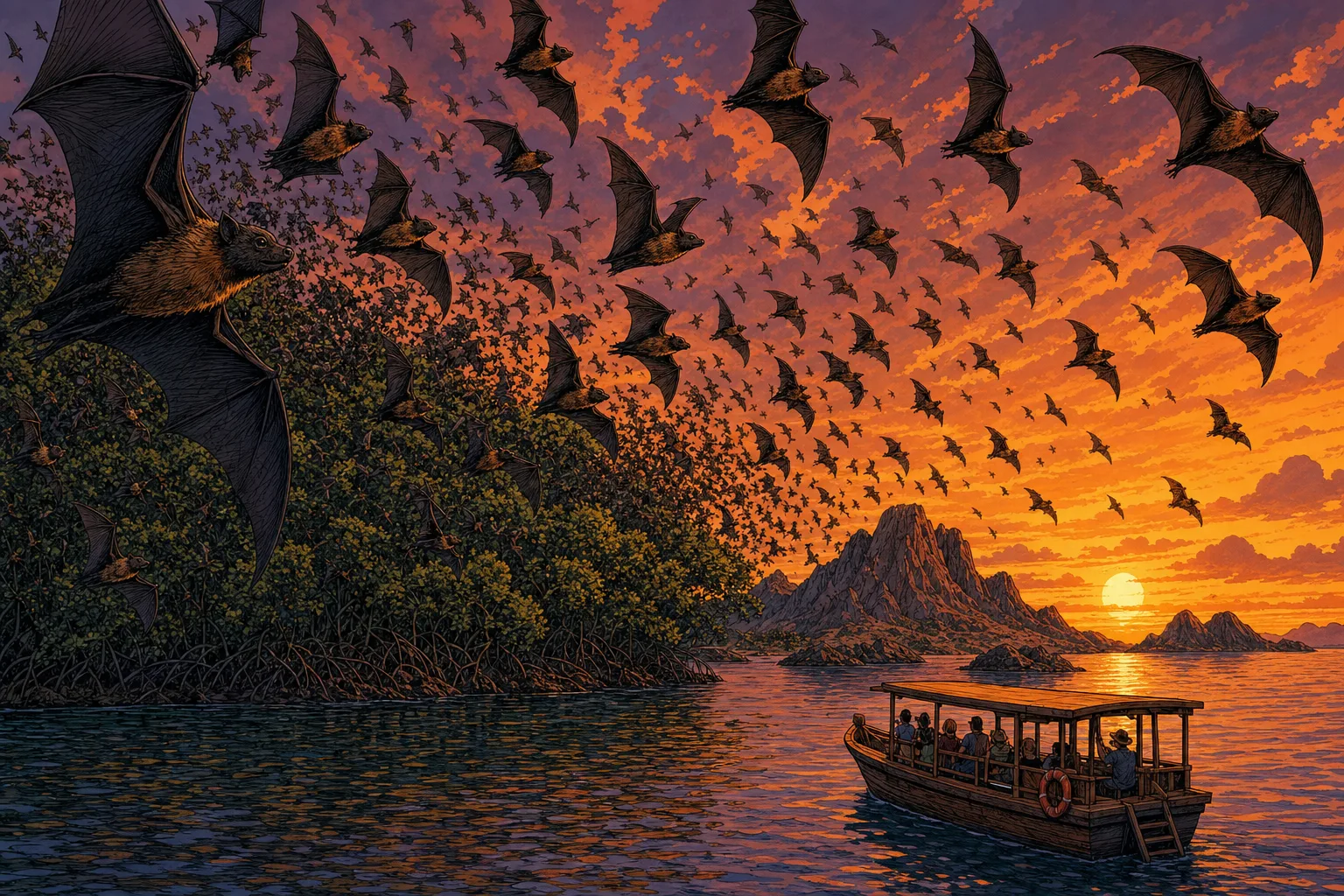 Thousands of flying foxes streaming off a mangrove island at sunset over Komodo National Park