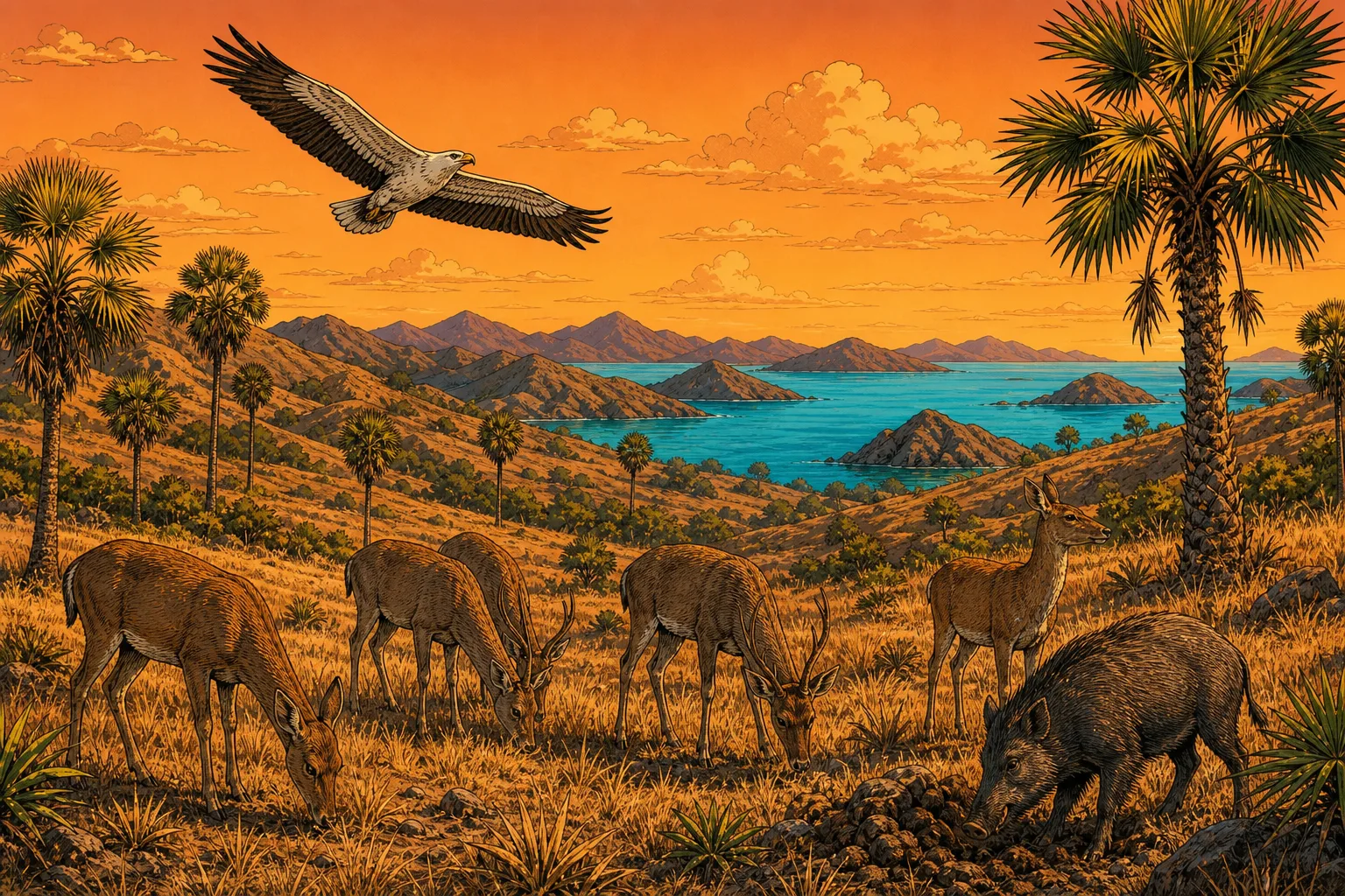 Timor deer and a wild boar grazing on Komodo savanna at golden hour with a sea eagle overhead