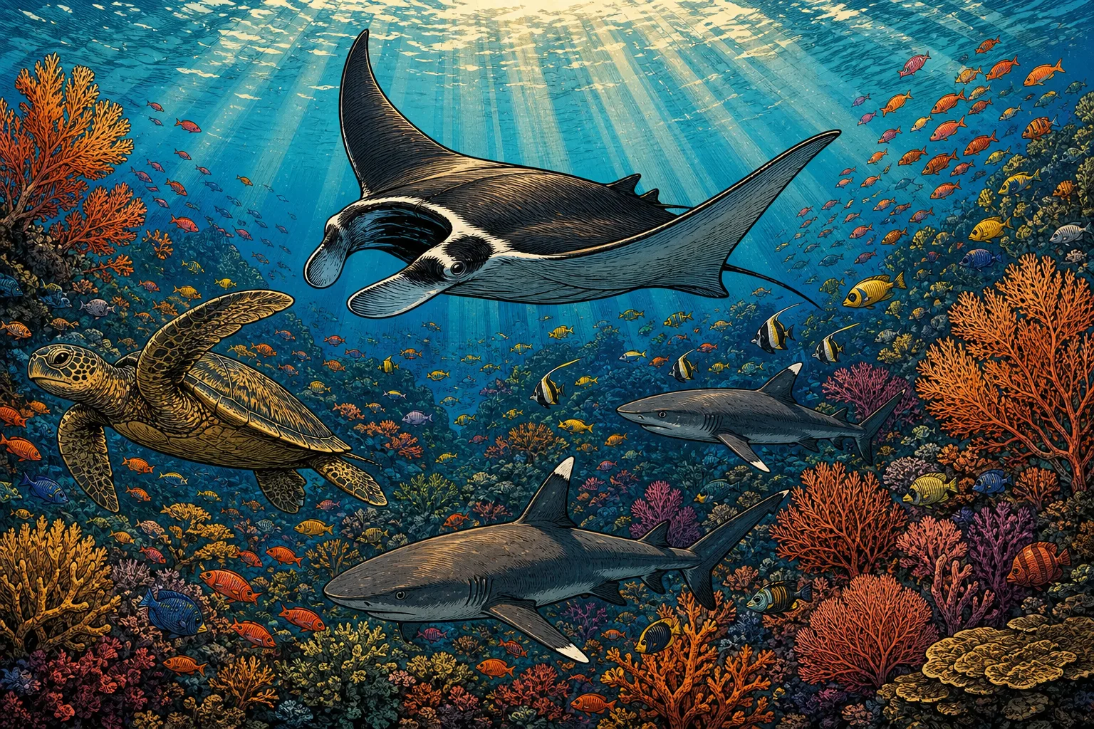Manta ray, green sea turtle, reef sharks and tropical fish over a vibrant Komodo coral reef