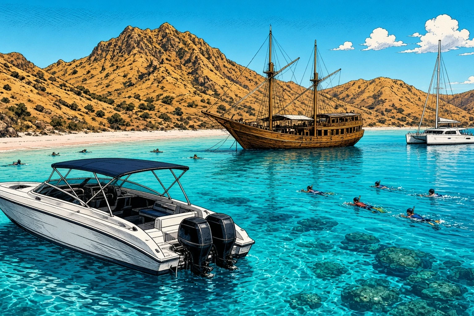 Un hors-bord, un phinisi en bois et un catamaran amarrés dans une baie aux eaux turquoise du parc national de Komodo