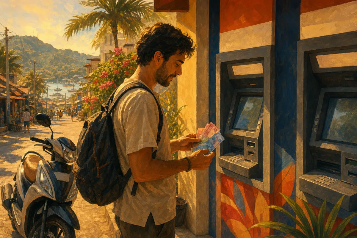 Traveler withdrawing rupiah from a row of bank ATMs on Labuan Bajo's main street in warm evening light