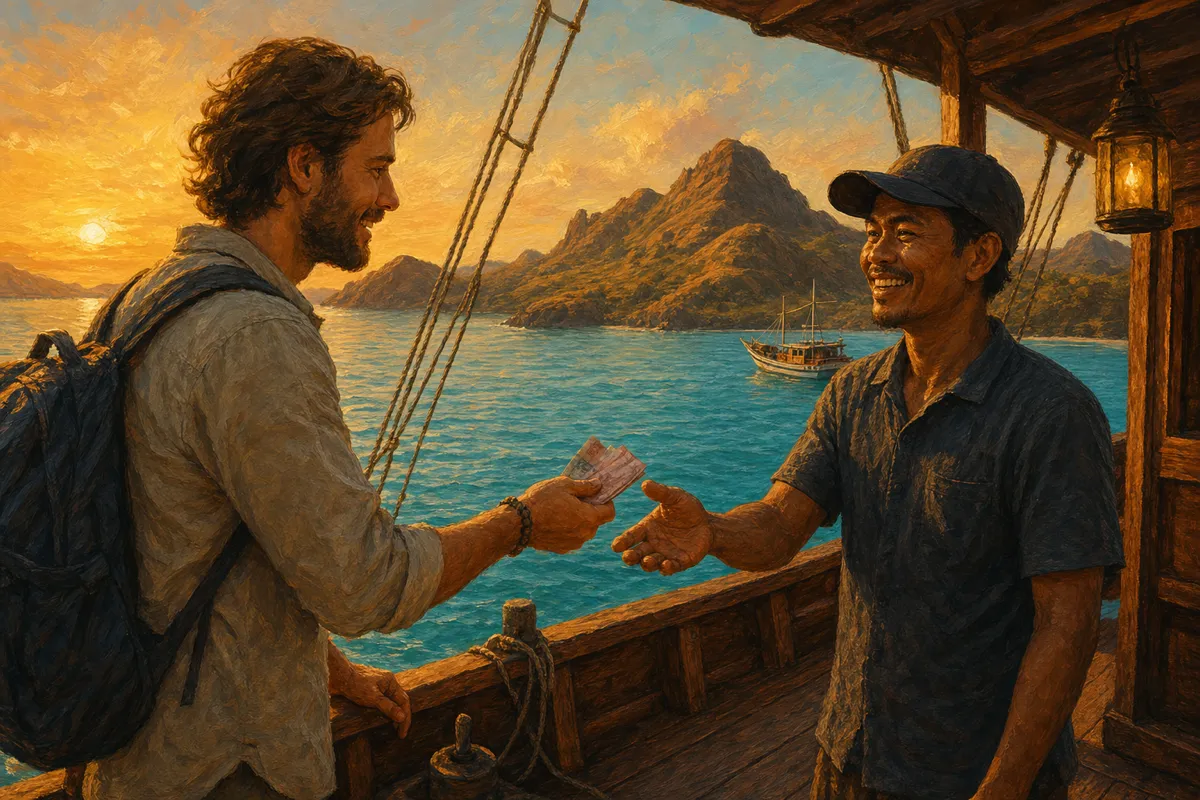 Traveler warmly handing a folded tip to a smiling Indonesian boat crew member at sunset on a wooden deck