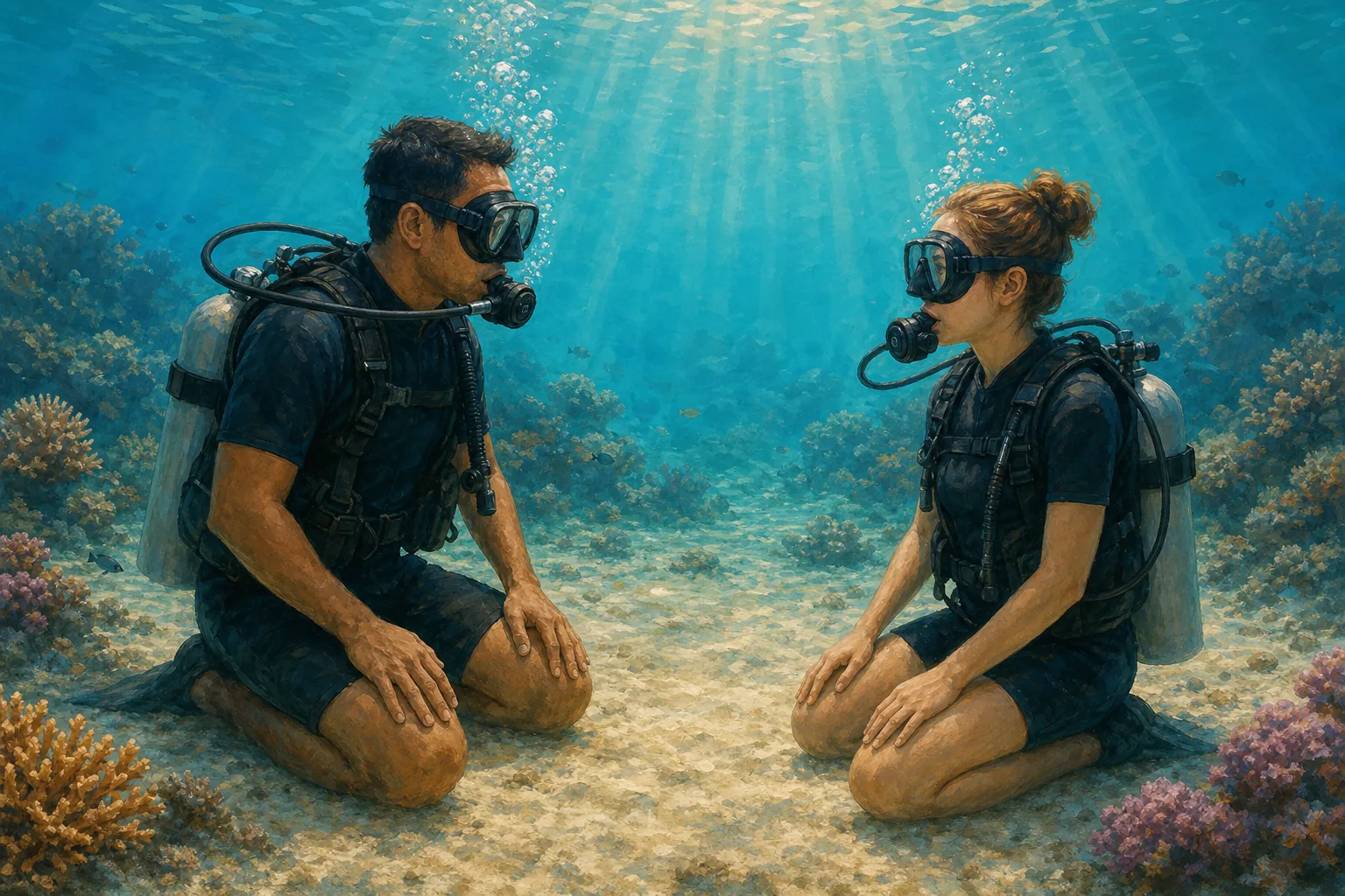 Scuba instructor guiding a beginner diver through skills in calm shallow water in Komodo