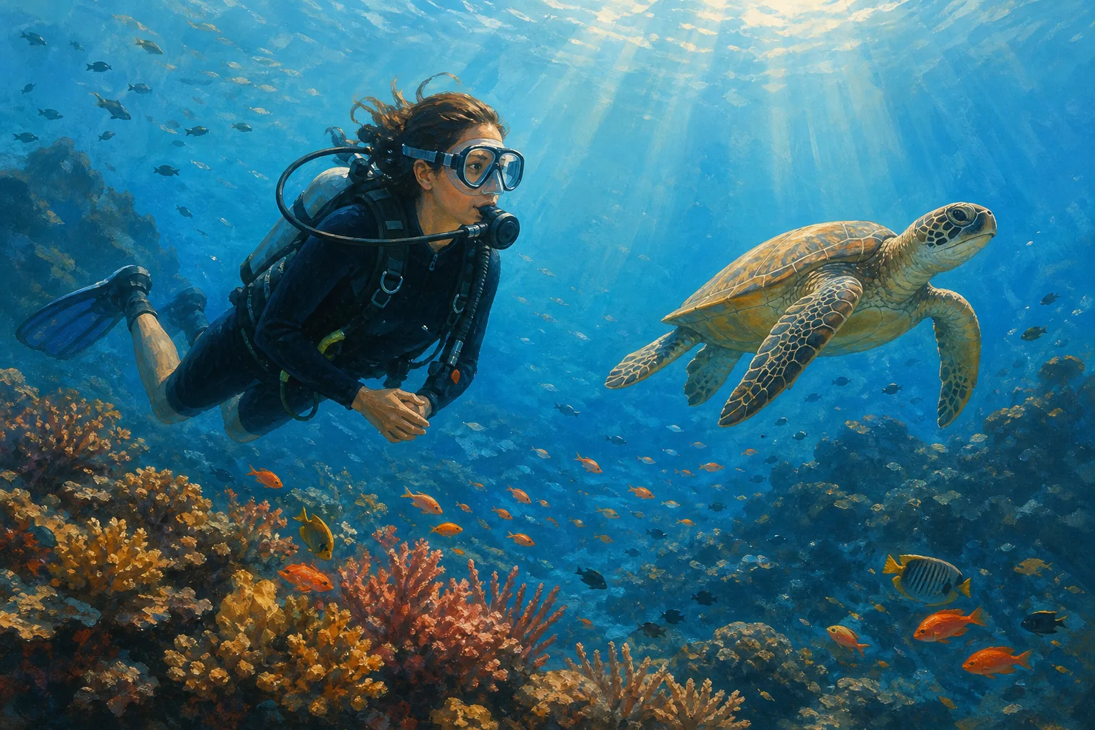 Newly certified diver hovering over a colorful coral reef beside a green sea turtle in Komodo