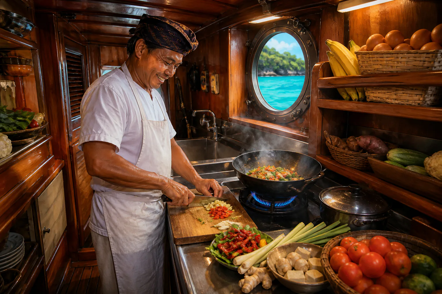 The compact galley kitchen of a liveaboard, a cook working at a narrow counter with a steaming wok, fresh vegetables and tofu, and produce stowed on shelves with fiddle rails to stop it sliding at sea