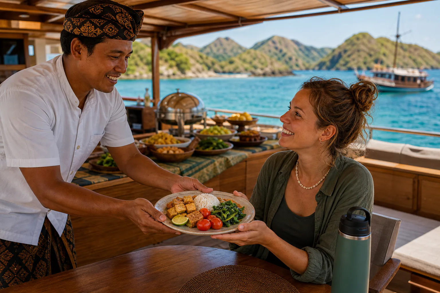 A crew member on a liveaboard hands a guest a separately plated plant-based meal of rice, tofu, tempeh and greens rather than serving it from the shared buffet behind them