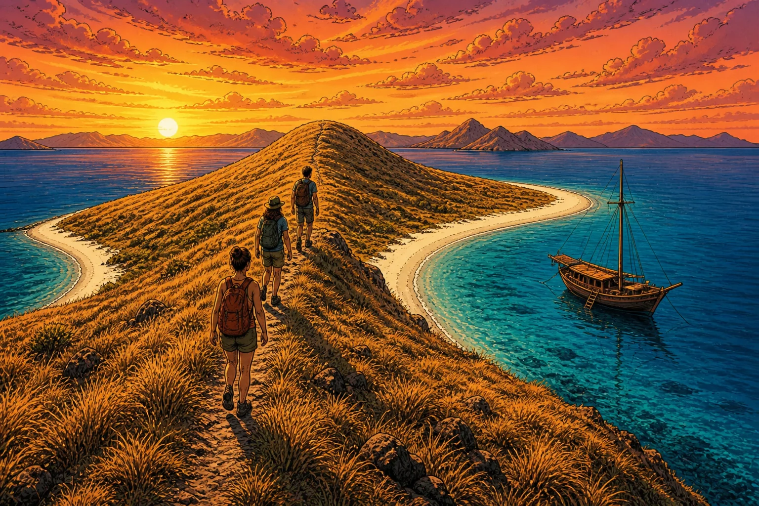 A wooden phinisi boat anchored off Kenawa Island's golden savannah hill at sunset, with travellers walking up the ridge above turquoise shallows