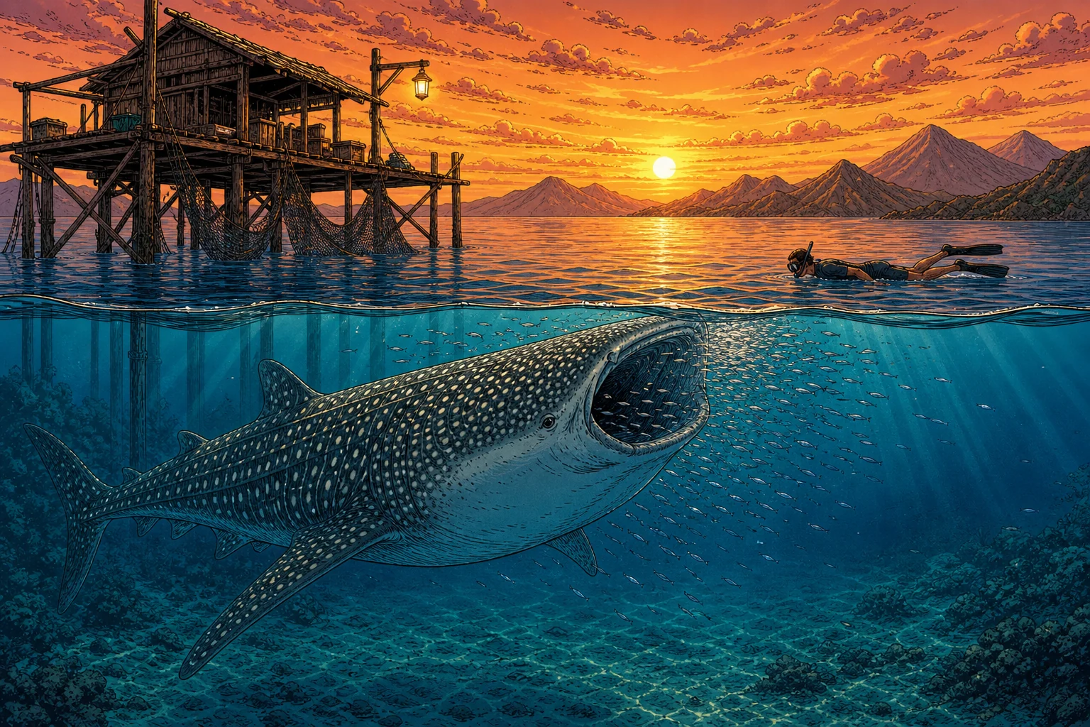 A whale shark feeding at the surface beside a wooden bagan fishing platform in Saleh Bay, Sumbawa, with a snorkeller watching from a respectful distance at dawn
