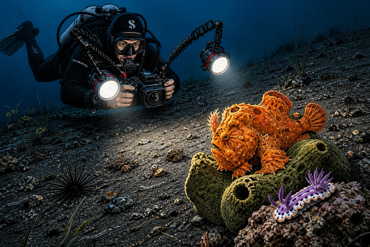 A diver hovering just above a black volcanic sand slope in Maumere Bay, photographing a frogfish among sponges and rubble