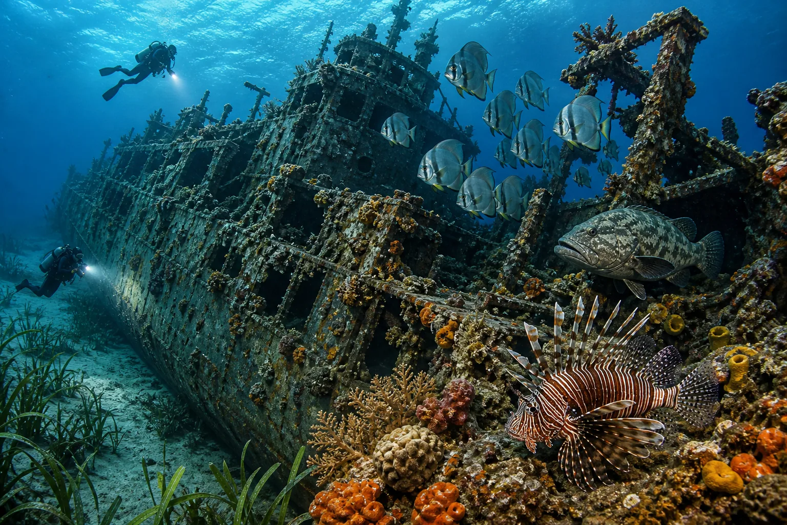 Divers exploring the coral-covered hull of the Wairterang wreck, a Japanese World War Two ship lying on a sandy slope near Maumere