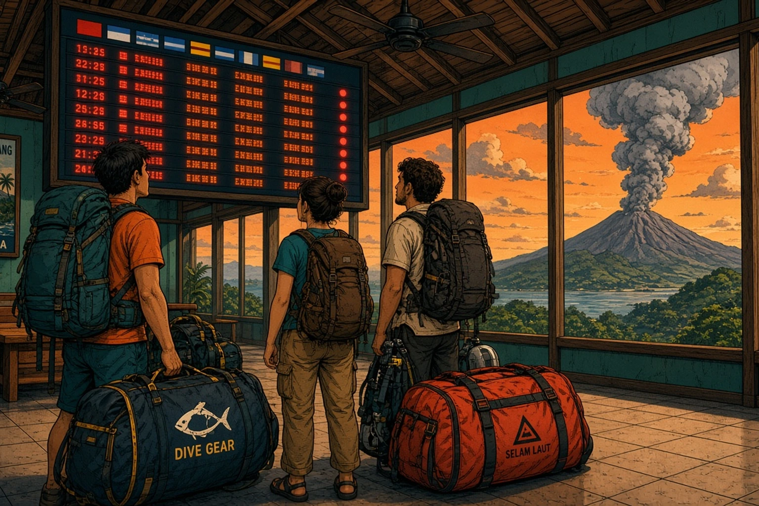 Travellers with backpacks and dive bags looking up at a departures board showing cancelled flights in a small Indonesian airport terminal, a distant ash plume visible through the window