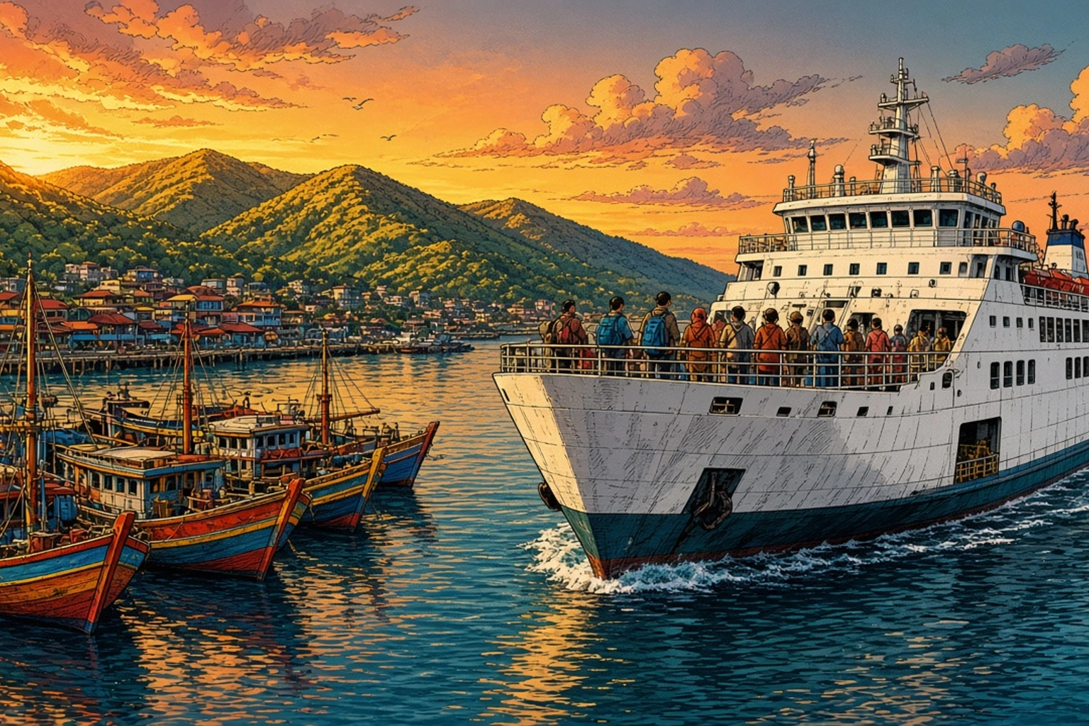 A white car ferry leaving the harbour at Labuan Bajo at dawn, passengers with luggage on the upper deck, wooden tour boats moored along the quay and green hills behind the town