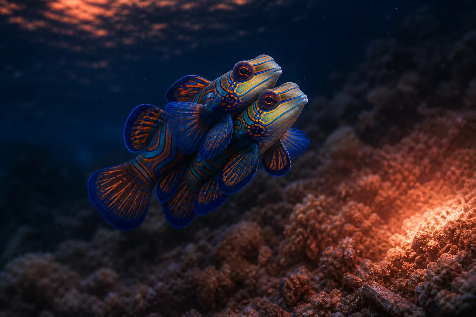 A pair of mandarinfish rising together off a coral rubble slope at dusk in Komodo, lit by the dim red beam of a diver's torch