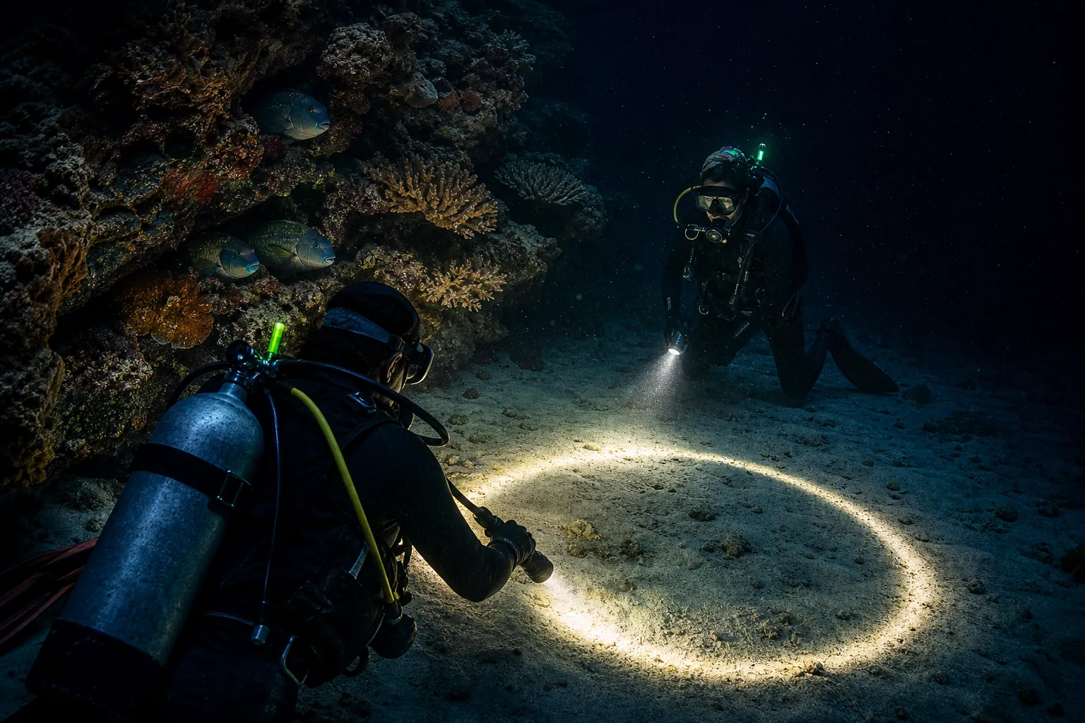 Two divers on a Komodo night dive signalling with torch beams, one drawing a slow circle of light on the sand while sleeping fish shelter in the coral behind them