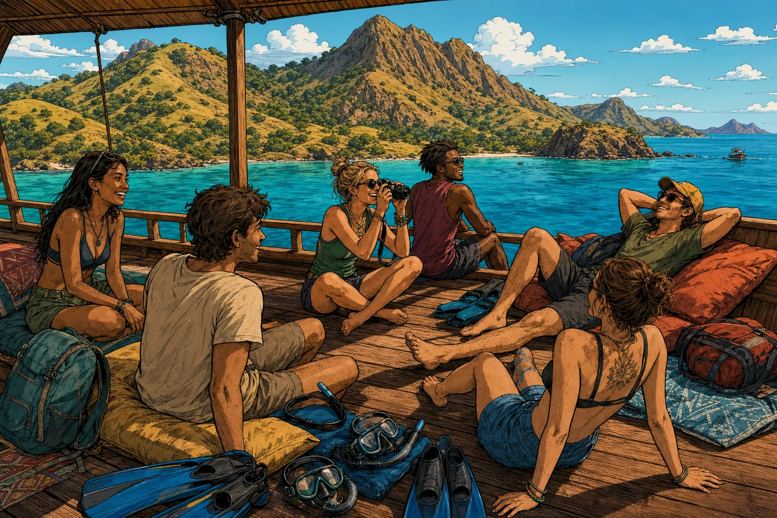 Group of travellers relaxing together on the wooden deck of a shared open trip boat in Komodo