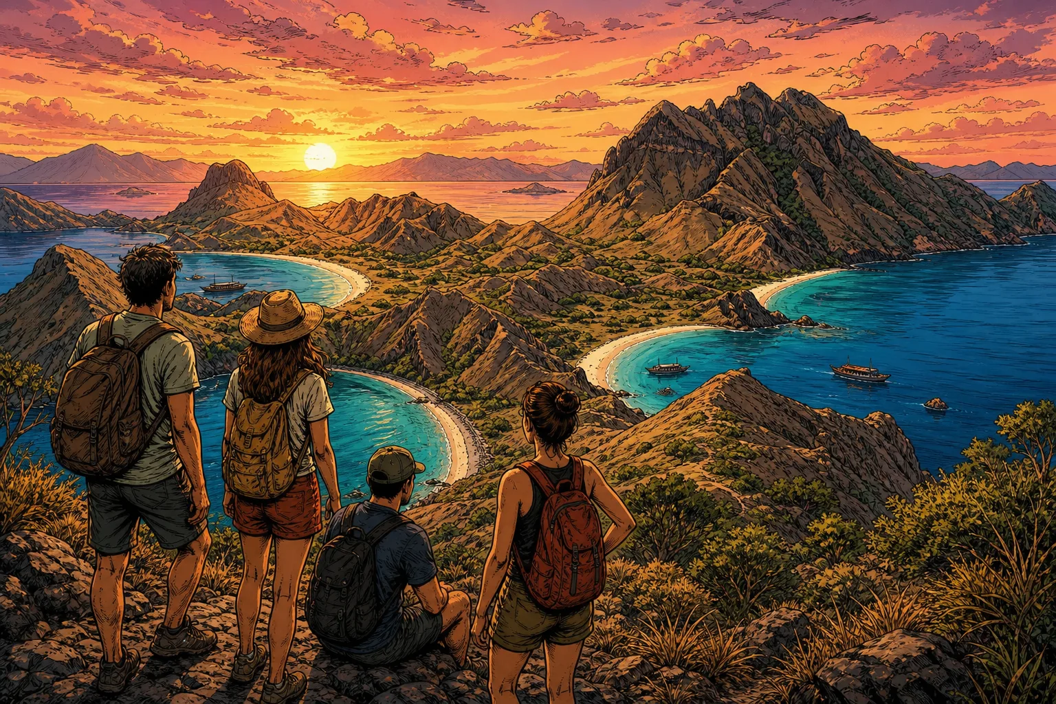 Travellers at the Padar Island viewpoint at sunrise during a Komodo open trip