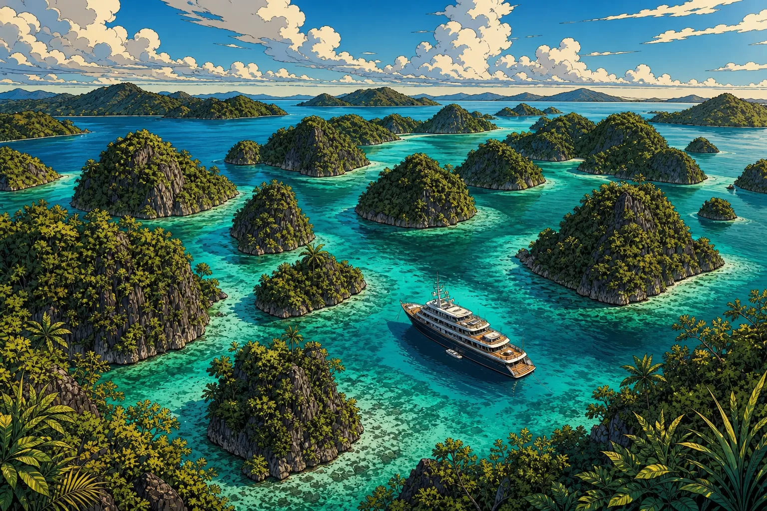 Aerial view of a liveaboard anchored among the karst islands of Raja Ampat