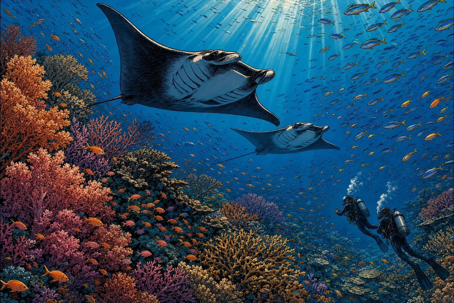 Divers watching reef manta rays glide over a vibrant Raja Ampat coral reef
