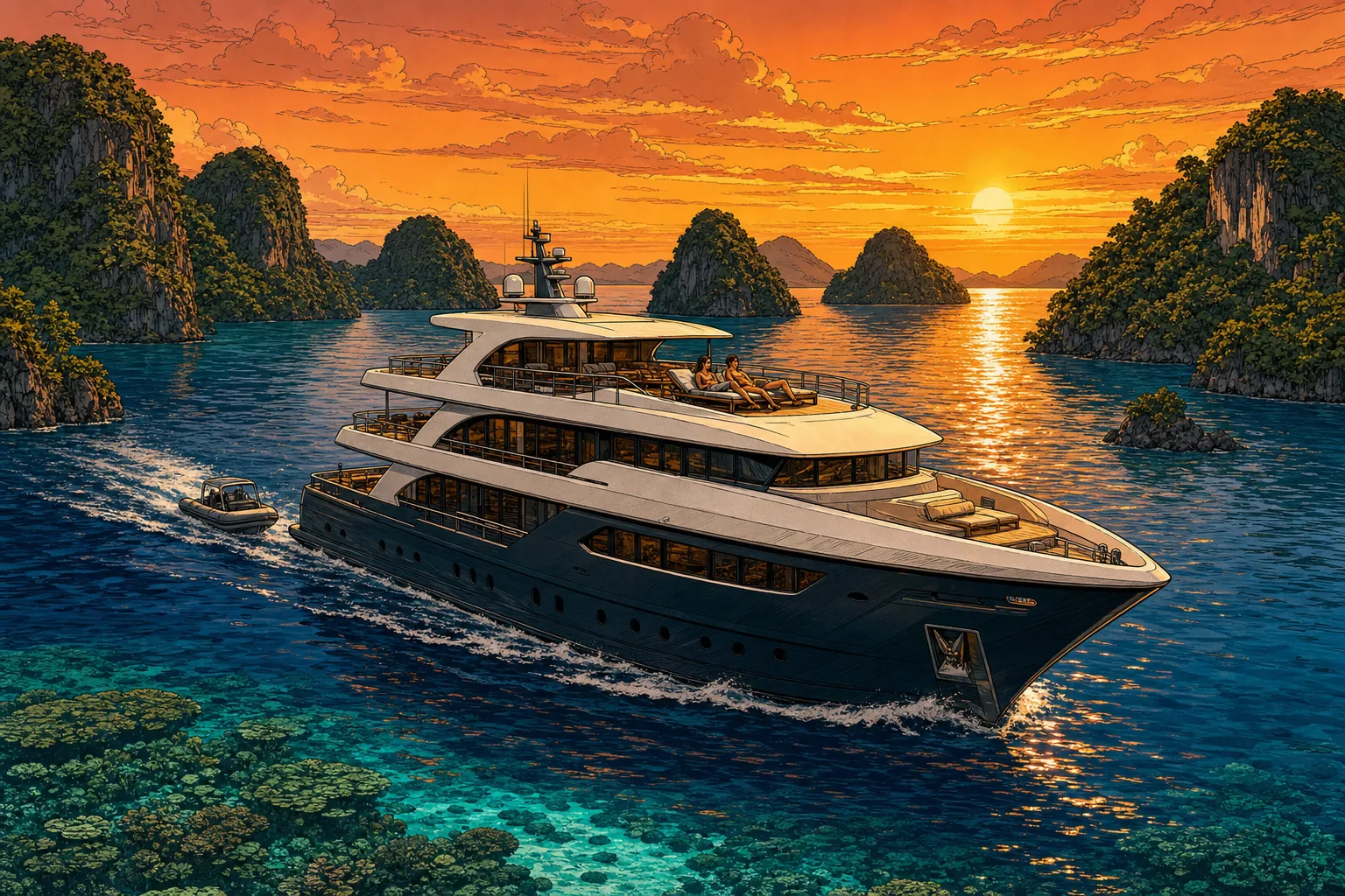 Luxury liveaboard dive yacht cruising through Raja Ampat at sunset