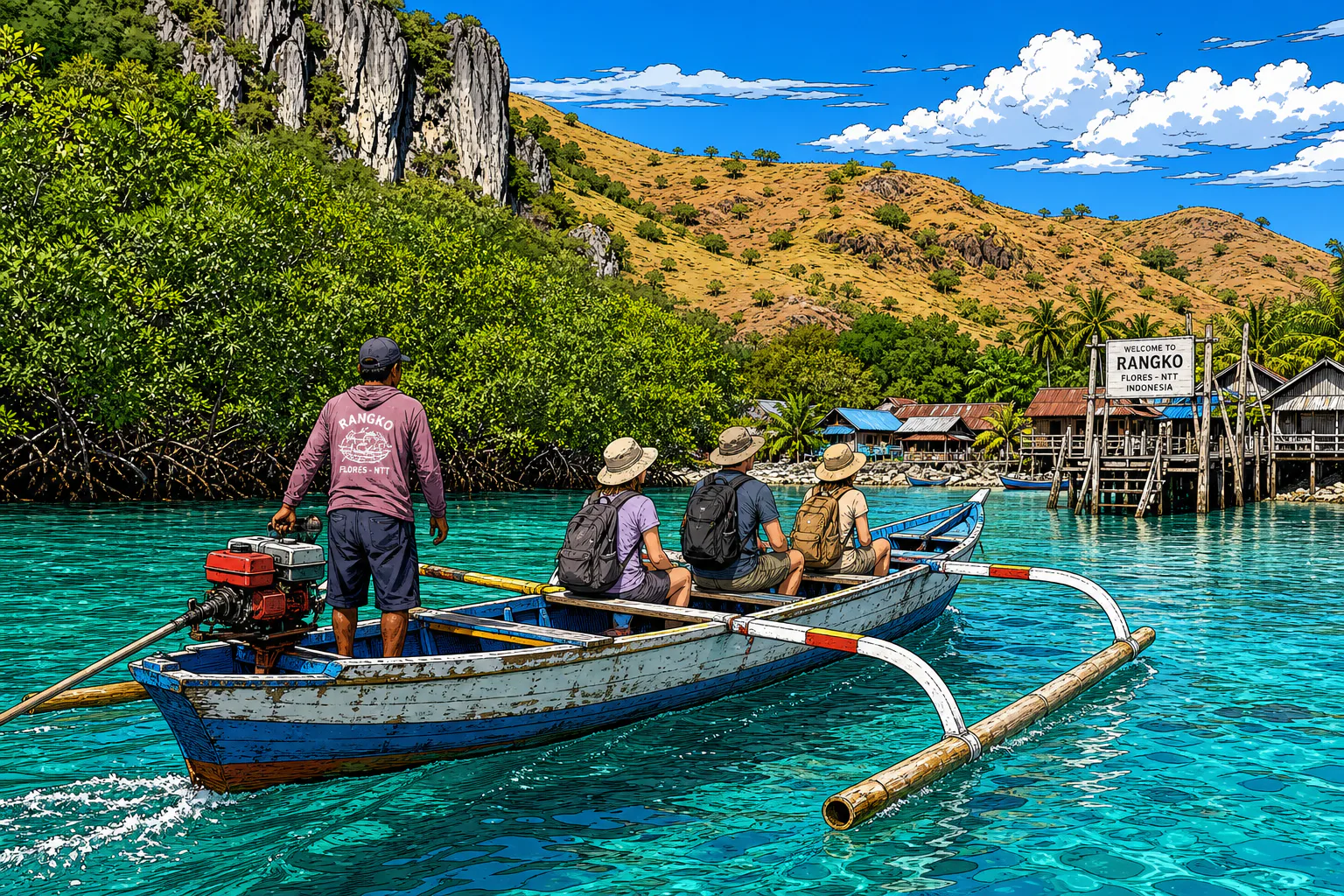 A small wooden outrigger boat carrying visitors across the calm turquoise bay from Rangko village toward the cave, with mangroves and dry hills behind