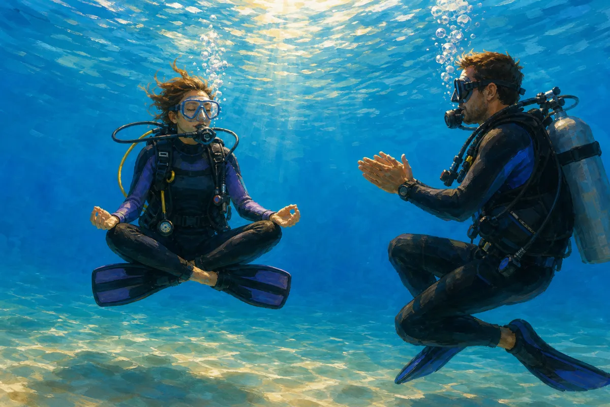 Scuba student hovering in neutral buoyancy while an instructor applauds during an Open Water course