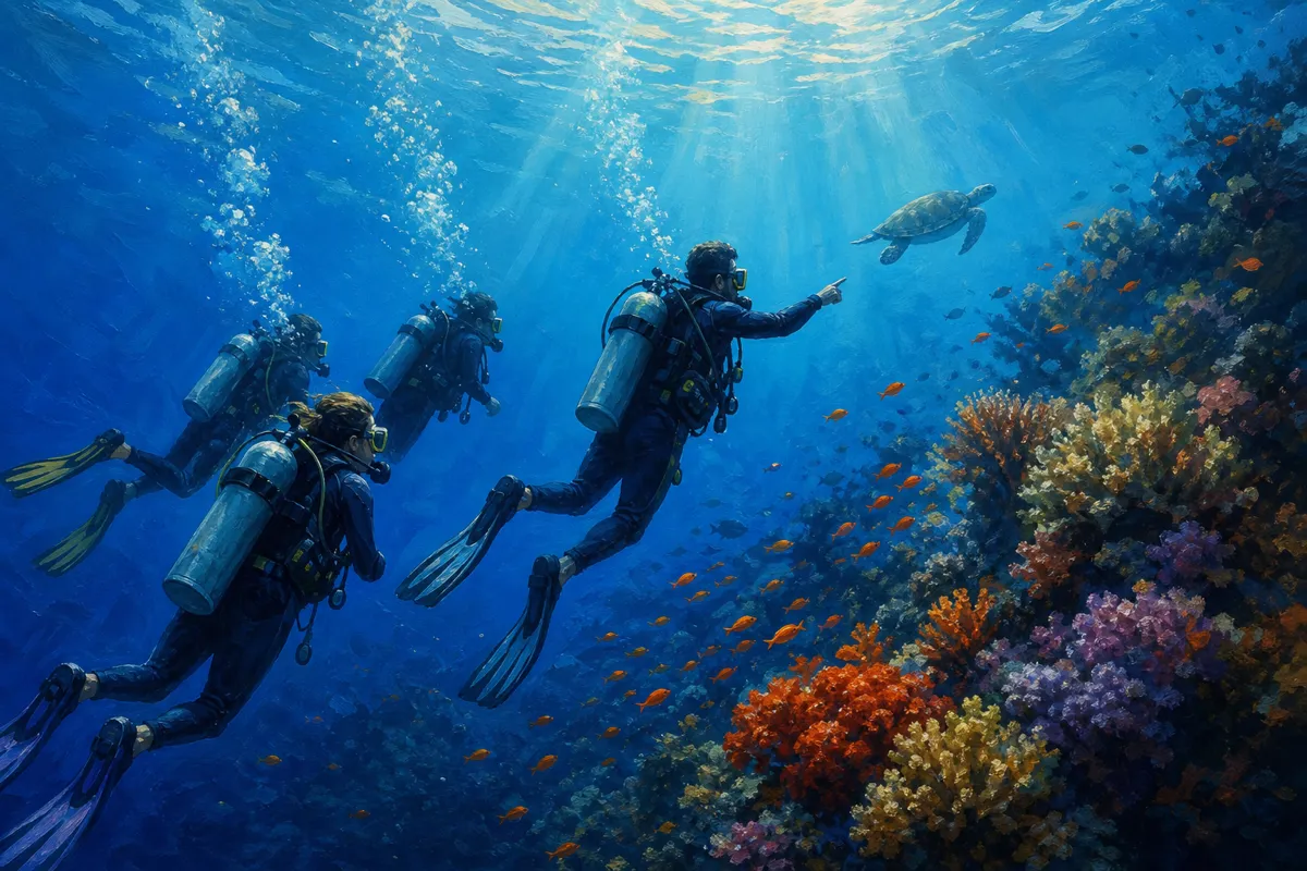 Divemaster leading a group of certified divers along a Komodo reef wall toward a sea turtle